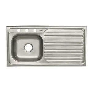 Évier de cuisine à cuve unique 100x50 cm, cuve gauche, acier inoxydable brossé, design à trois trous, style minimaliste, facile à nettoyer - Product Image 1