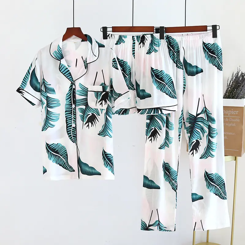 2022 New Ladies Rayon Three Piece Pajamas 100% Viscose Tropical Plant Print Loungewear Women Sets