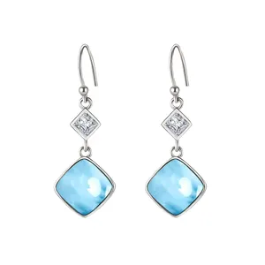Elegant New Fashion S925 Sterling Silver Jewelry Beautiful Natural Diamond Shape Blue Larimar Drop Earrings For Women