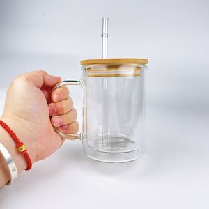 RTS Custom LogoTravel Clear Snow Globe Sublimation Cups with Bamboo Lid Blank 15oz Frosted Custom <b>Double</b> <b>Wall</b> Glass Coffee <b>Mug</b> - Product Image 4