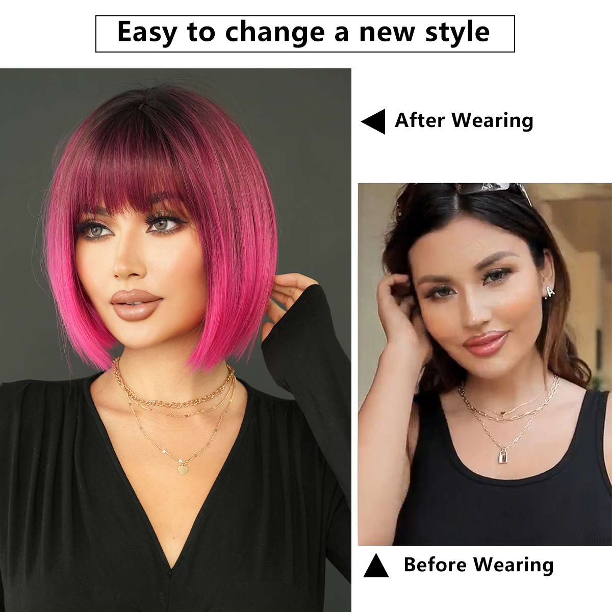 ショートボブストレートウィッグ 12インチ オンブレピンク 7JHH WIGS