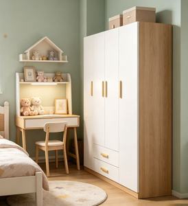 Armoire blanche minimaliste avec 2 tiroirs, portes à charnières, poignées en bois, meubles de chambre à coucher modernes, armoire de rangement autoportante - Product Image 3