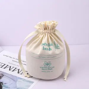 Custom Screen Printing Round Bottom Cotton Linen Candle Gift Drawstring Bag Eco Candle Pouch