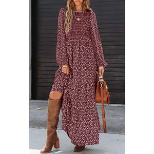 Vestido Maxi Floral Personalizado para Mujer 2025, Manga Larga, Cuello Redondo, Vestido Escalonado Fruncido, Estilo Casual Otoñal, Atuendo Floral para el Día, Talla XL Mixta - Product Image 2