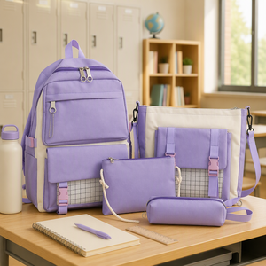 Ensemble de sacs à dos scolaires personnalisés Lilac avec logo, sac à dos souple en Oxford avec trousse pour adolescents - Product Image 4