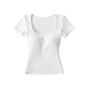 T-shirt <span class=keywords><strong>basic</strong></span> da donna con scollo rotondo, imbottitura sul petto, traspirante, elasticizzato in quattro direzioni, vestibilità slim, crop top estivo a tinta unita - Product Image 4
