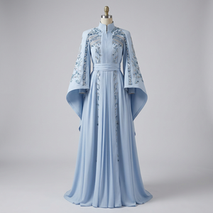 Dernière Collection : Robe de Soirée Caftan Marocain en Satin, Longueur Ras du Sol, Imprimé Floral, Ornée de Perles, Taille Naturelle Haute - Product Image 1