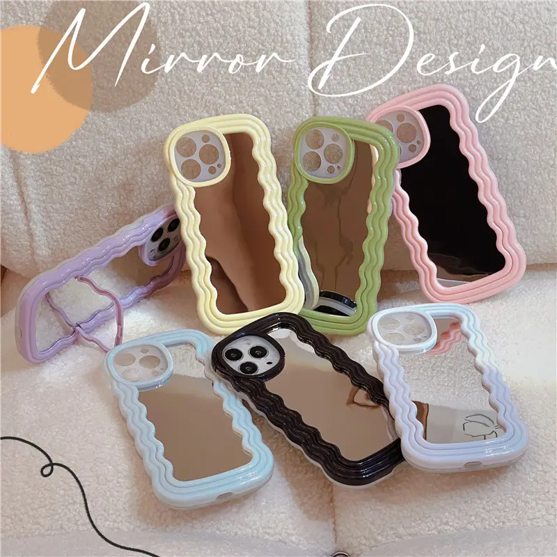 Simple Solid Candy Colors Wavy Frame Make Up Mirror Surface Phone Case For Iphone 14 13 12