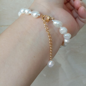 Bracciale/Cavigliera 17 cm + 5 cm, 100% <span class=keywords><strong>Perle</strong></span> Naturali d'Acqua Dolce, <span class=keywords><strong>Perle</strong></span> <span class=keywords><strong>Barocche</strong></span> Annodate 6.5-7.5 MM, Durevole, Chiusura Placcata in Oro 18k - Product Image 5