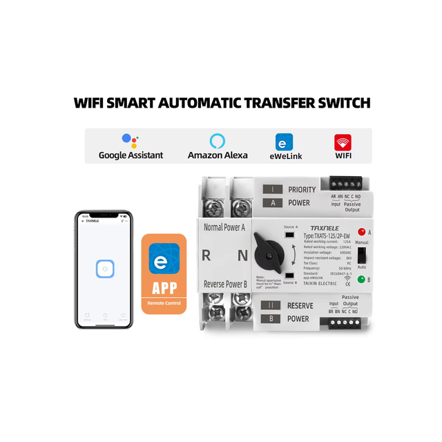 WiFi Smart EWeLink Remote Control Switch 2P 125A Automatic Transfer Switch 230V ATS Selector for Uninterrupted Power Supply