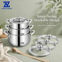 Ensemble de casseroles ZHEN NENG classique en acier inoxydable 12 pièces avec couvercles en verre, base multicouche, compatible lave-vaisselle, compatible gaz et induction