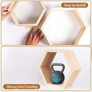 Set of 5 Natural <b>Wooden</b> Hexagon <b>Floating</b> <b>Shelves</b> Modern Honeycomb Design Living Room Wall Mounted Decorative Shelf - Product Image 3