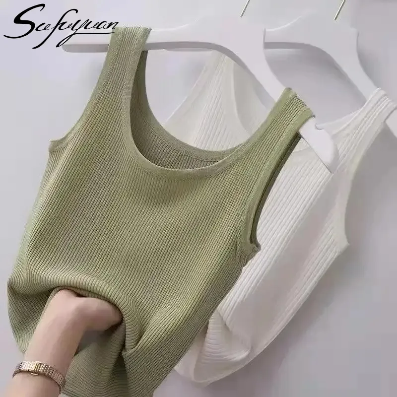 SFYS80 Ropa de mujer Stretch Rib Tank Top Color sólido Sin mangas Slim-Fit Bottom Shirt Mujeres Tank Tops niñas camisola