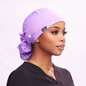 Ribbon Ties Ponytail Scrub <b>Caps</b> Satin Lined Surgical <b>Caps</b> Solid Color With Logo <b>Cap</b> for Long Hair Women Nurse Hats With Button - Product Image 3