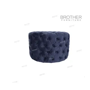 Desain Bulat Perlengkapan Rumah Biru Tua Beludru Tufted Ottoman