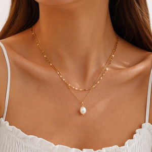 Colliers vintage à <span class=keywords><strong>double</strong></span> couche en acier inoxydable plaqué PVD 18K, chaînes multi-liens, perles d'eau douce naturelles de haute qualité, style baroque - Product Image 4