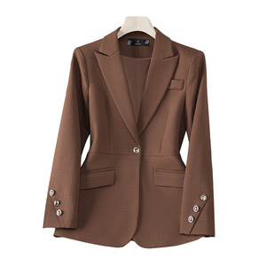 Women's Blazer Brown Plaid Polyester Anti-Wrinkle Office Wear - Product Image 5