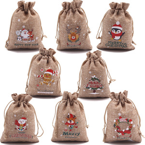 Sacs en toile de jute à cordon de serrage de Noël à motifs de dessins animés, plusieurs tailles, pour cadeaux et bonbons de Noël - Product Image 1