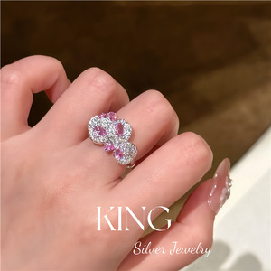 King Silver Jewelry Flower <b>Ring</b> S925 Sterling Silver Pink Diamonds Micro Pave Women's Party Fashion - Product Image 5