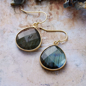 <strong>Chunky</strong> Natural Crystal Labradorite Moonstone Bold Teardrop Pendant Earrings <strong>Costume</strong> Designer Woman Jewelry with Brass Material - Product Image 1