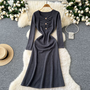 <span class=keywords><strong>Abiti</strong></span> da donna con collo quadrato a scompiglio con bottone <span class=keywords><strong>manica</strong></span> <span class=keywords><strong>lunga</strong></span> e cintura in maglia abito da donna <span class=keywords><strong>al</strong></span> <span class=keywords><strong>ginocchio</strong></span> elegante maglione - Product Image 3