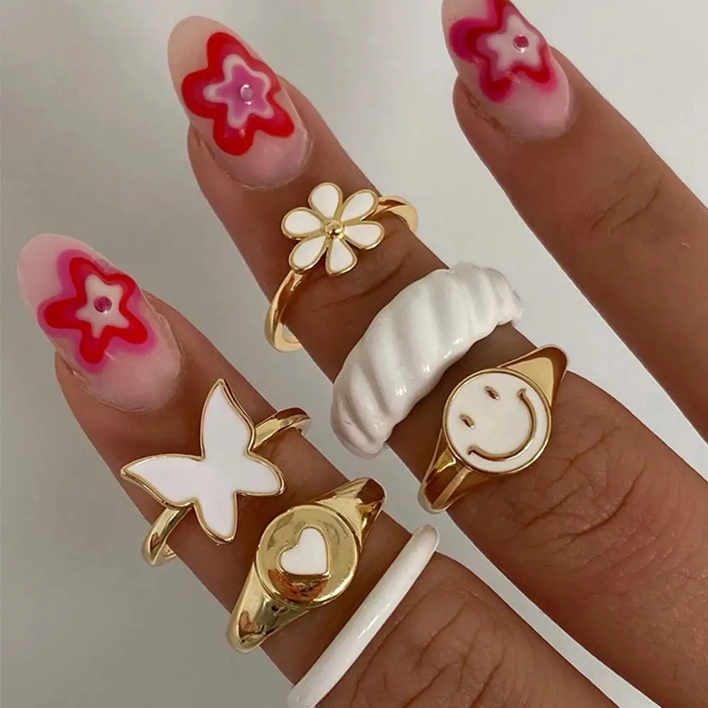 VKME Vintage Heart Smile dripping oil Rings Set for Women Style Colorful Love Rings Cute Finger Rings for Girls Jewelry Gifts
