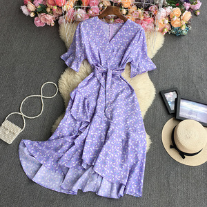 Tunique à manches courtes robe imprimée femmes décontracté col en v robe florale été taille haute jupe longue - Product Image 6