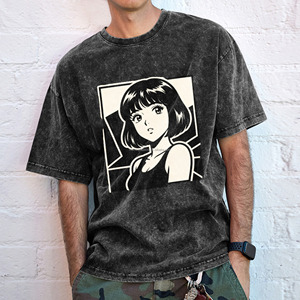T-shirt Oversize Vintage con Lavaggio Acido Stile Giapponese Manga Girl, Stampa Grafica, Casual Streetwear in Cotone a Maniche Corte - Disponibile negli USA - Product Image 1