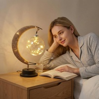 Lampe de table LED lune et étoile, design croissant, à piles, en fer, rotin et corde de chanvre, pour chambre, maison, décorations de fêtes et Ramadan