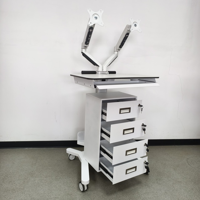 Modern Aluminium Nursing Height Adjustable Medical Dual Monitor Computer Cart with 4 Drawers and Central Lock for Hospital Use