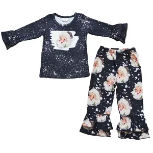 Vendita calda all'ingrosso RTS baby black santa apparel toddler girls clothes sets kids christmas outfits