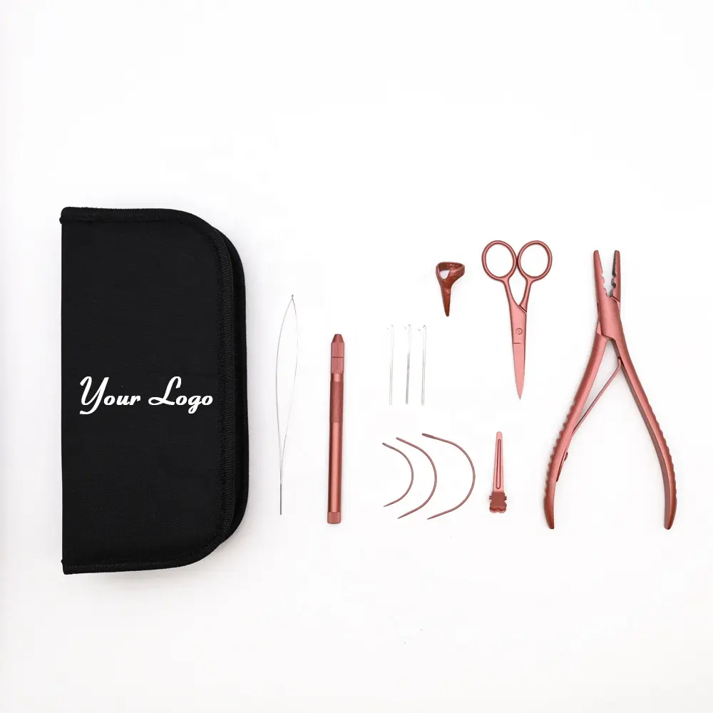 Kit de ferramentas de extensão de cabelo arlany, logotipo personalizado, alicate de extensão de cabelo em aço inoxidável, kit de ferramentas de gancho com estojo, micro alicates de anel