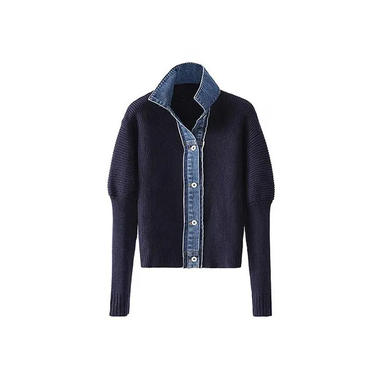 Knitwear manufacturer custom dark blue polo collar denim splice single breasted korean knitted women sweaters 2022 cardigan