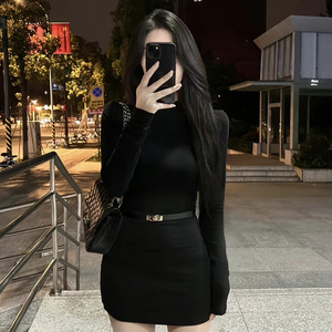High Neck Bodycon Dress Women Autumn Long Sleeve Slim Fit Black Solid Color Tight Waist Hip Hugging Short Skirt - Product Image 5