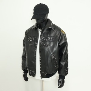 Giacca Varsity da <span class=keywords><strong>Uomo</strong></span> Nera con Borchie, Stampa Lettering, Colletto Rovesciato, Cerniera, in Ecopelle, Stile Retrò Casual Streetwear - Product Image 2