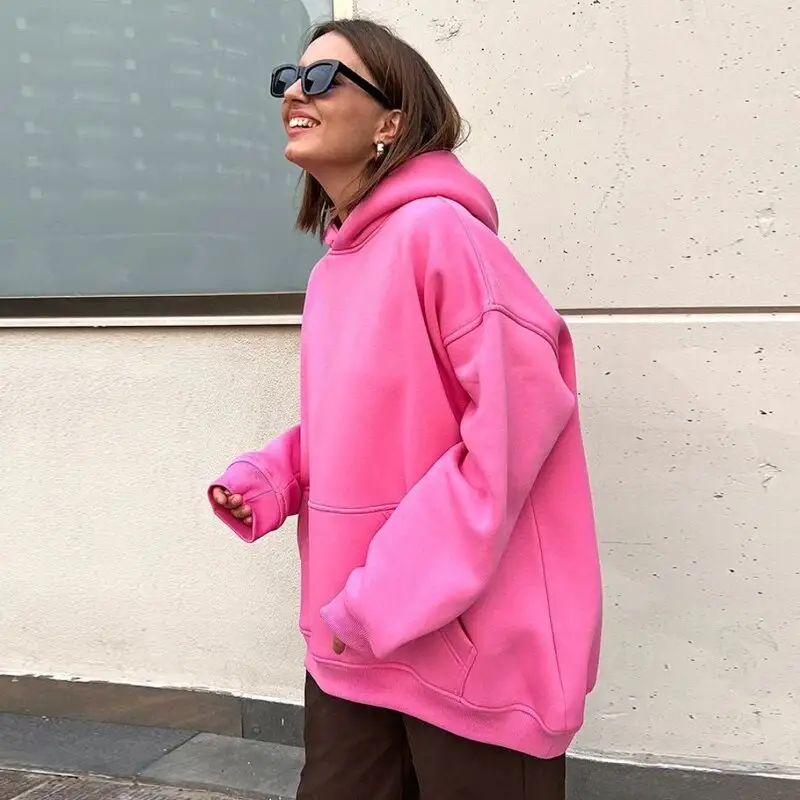 Roze Oversized Bovenkleding Hoodies Vrouwen Casual Effen Capuchon Sweatshirt Voor Dames Herfst Winter Fleece Trui Hoodie