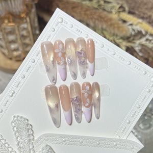 Uñas Postizas de Lujo con Diseño de Ojo de Gato y Manicura Francesa, Decoradas con Cristales de Rhinestone, Hechas a Mano - Product Image 6