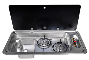 Ensemble évier et <span class=keywords><strong>plaque</strong></span> <span class=keywords><strong>de</strong></span> <span class=keywords><strong>cuisson</strong></span> à gaz simple <span class=keywords><strong>de</strong></span> haute qualité 600x400x160mm en acier inoxydable, verre, laiton, argent/noir <span class=keywords><strong>pour</strong></span> <span class=keywords><strong>camping</strong></span>-<span class=keywords><strong>car</strong></span> - Product Image 4