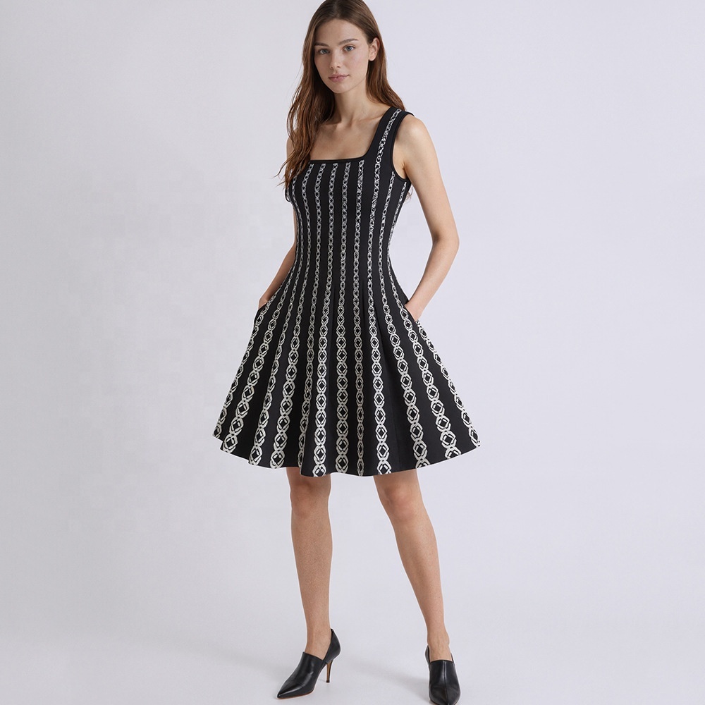 knit dress suspender AIMEISI Wholesale Square Neck Sleeveless Suspenders Jacquard Large Swing Pocket Sweater Elegant Women's Dresses persistent_note: 30% Off All Clothing