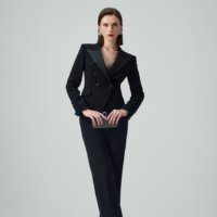 Solapa de pico de doble botonadura de negocios negra Mtm para mujer con traje de esmoquin de seda satinada estilos personalizables