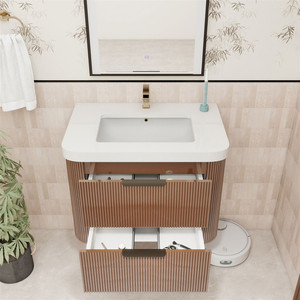 Mobile <span class=keywords><strong>Bagno</strong></span> Sospeso Marrone Scanalato con Specchio e Lavabo in Ceramica Bianca - Vendita all'Ingrosso - Product Image 5