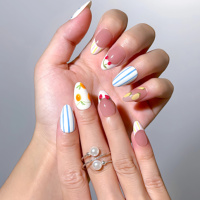 Faux ongles à presser en acrylique, motif fruits colorés à rayures dessinés à la main (cerise, fraise, orange), forme amande, longueur moyenne, 10 pièces