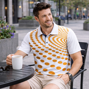 Polo de sport pour homme en polyester et élasthanne, anti-boulochage, motif cercle abstrait, orange et blanc, avec logo personnalisé - Product Image 3