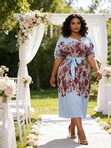 Nouvelle arrivée, <span class=keywords><strong>robe</strong></span> maxi élégante à manches courtes imprimées, style Miyake, mode modeste, ceinture à boutons, <span class=keywords><strong>taille</strong></span> <span class=keywords><strong>plus</strong></span>, col en V, avec plis - Product Image 5