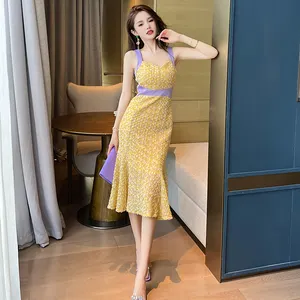 ZYHT 10577 New Design Summer 3D Flower Spaghetti Strap Dress Elegant Women Solid Color Backless Sleeveless Midi Bodycon Dress