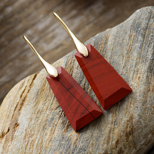 Geometric Wood Pendant Earrings <b>Red</b> Silver Women's Fashion Jewelry - Product Image 2