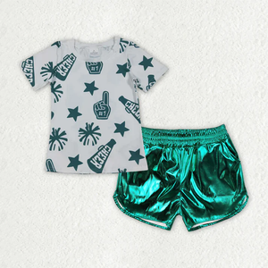 Wholesale Kids Girls Clothing Set Short Sleeve Cheer Print Tops + Leather Shorts Outfits Team <b>Clothes</b> Summer Children's Set - Product Image 4