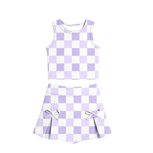 GSD3788 Ensemble de yoga sans manches pour enfant, jupe à carreaux orange et blanc, tenue d'été pour petite fille active, vente en gros - Product Image 5