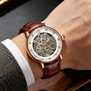 KINYUED J-147 Men's Mechanical <b>Watch</b> <b>Automatic</b> Movement <b>Skeleton</b> Dial Black Leather Strap Diamond Indexes Design Luxury Fashion - Product Image 5