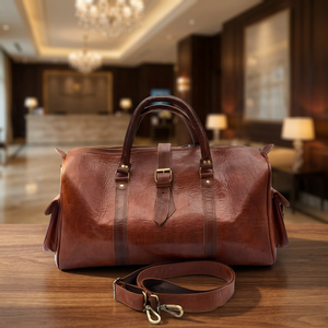 Sac de voyage classique en cuir véritable pour homme, avec poignée souple, fermeture éclair, style durable, roulettes intégrées, multifonction - Product Image 1